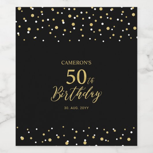 Gold & Black Confetti 50e verjaardag Wijn Etiket (Enkel label)