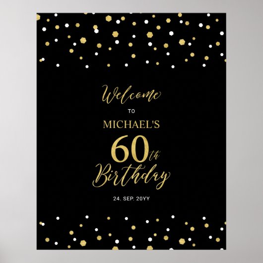 Gold & Black Confetti 60th Birthday Party Welkom Poster (Voorkant)