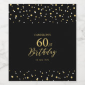 Gold & Black Confetti 60th Birthday Party Wijn Etiket (Enkel label)