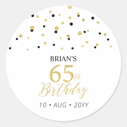 Gold & Black Confetti 65e verjaardag Party Favorie Ronde Sticker (Voorkant)