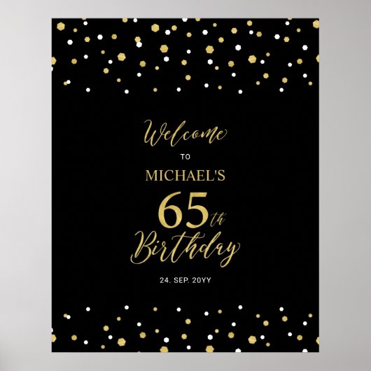 Gold & Black Confetti 65th Birthday Party - Welkom Poster (Voorkant)