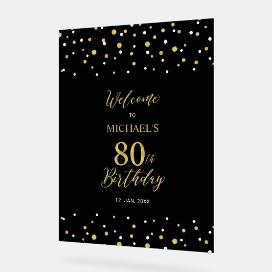 Gold & Black Confetti 80th Birthday Party - Welkom Acryl Bord (Hoek)