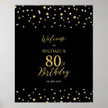 Gold & Black Confetti 80th Birthday Party - Welkom Poster<br><div class="desc">Welkom uw gasten op een speciale feestdag met dit stijlvolle gouden en zwarte welkomstbord. Dit bord is voorzien van moderne typografie" Welkom op 80th Birthday" en een hexagon confetti-ontwerp. U kunt de naam en de datum aanpassen. Overeenkomende uitnodigingen en partijbenodigdheden zijn beschikbaar in mijn winkel BaraBomDesign.</div>