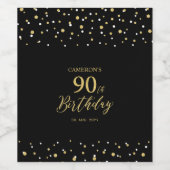 Gold & Black Confetti 90th Birthday Party Wijn Etiket (Enkel label)