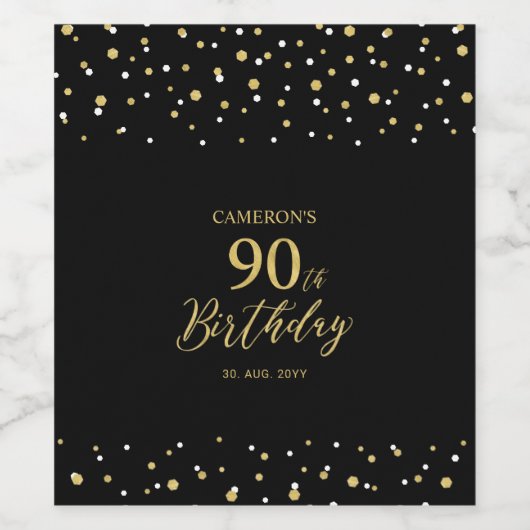 Gold & Black Confetti 90th Birthday Party Wijn Etiket (Enkel label)