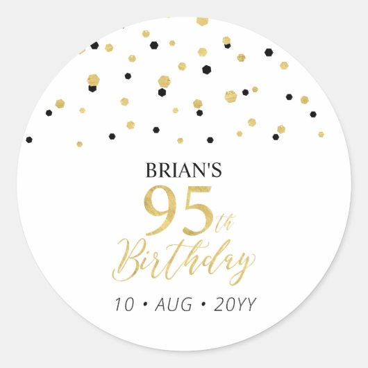 Gold & Black Confetti 95th Birthday Party Favoriet Ronde Sticker (Voorkant)