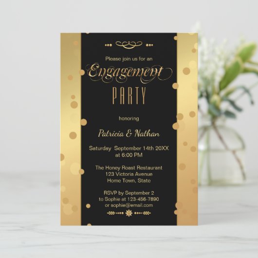 Gold Black Confetti Engagement Party - Uitnodiging (Staand voorkant)