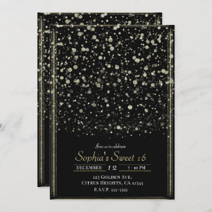 Gold & Black Confetti Splatter Sweet 16 Party Kaart