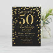 Gold Black Confetti Surprise 50th Birthday Kaart (Staand voorkant)