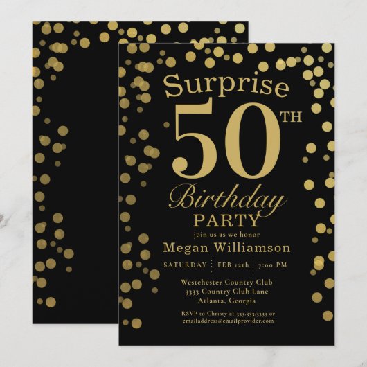 Gold Black Confetti Surprise 50th Birthday Kaart (Voorkant / Achterkant)