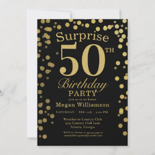 Gold Black Confetti Surprise 50th Birthday Kaart