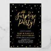 Gold & Black Confetti Surprise Jubileum Party Folie Uitnodiging (Voorkant)