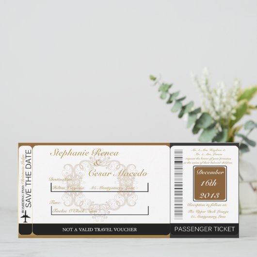 Gold/Black Damas Boarding Pass Weduwen Uitnodiging (Staand voorkant)