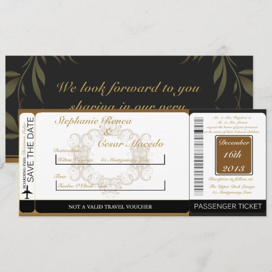 Gold/Black Damas Boarding Pass Weduwen Uitnodiging (Voorkant / Achterkant)