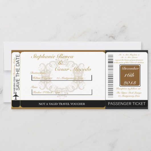 Gold/Black Damas Boarding Pass Weduwen Uitnodiging (Voorkant)