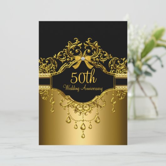 Gold & Black Damask 50e Jubileum Invite Kaart (Staand voorkant)
