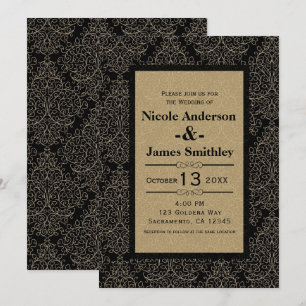 Gold & Black Damask Art Deco Glamor Chic Wedding Kaart