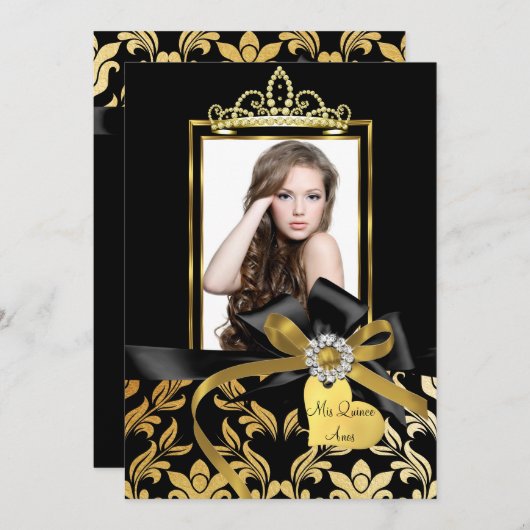Gold Black Damask Bow Foto Quinceanera Invite Kaart (Voorkant / Achterkant)