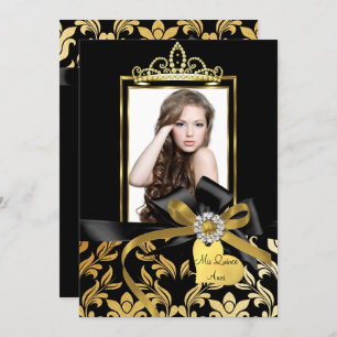 Gold Black Damask Bow Foto Quinceanera Invite Kaart