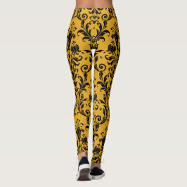 Gold & Black Damask Floral Swirls Leggings