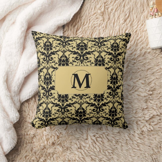 Gold Black Damask Monogram Kussen (Deken)