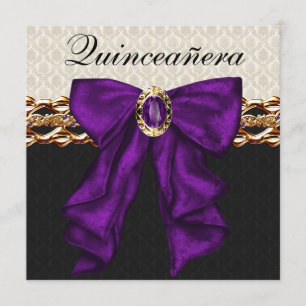 Gold Black Damask Paars Quinceanera Kaart
