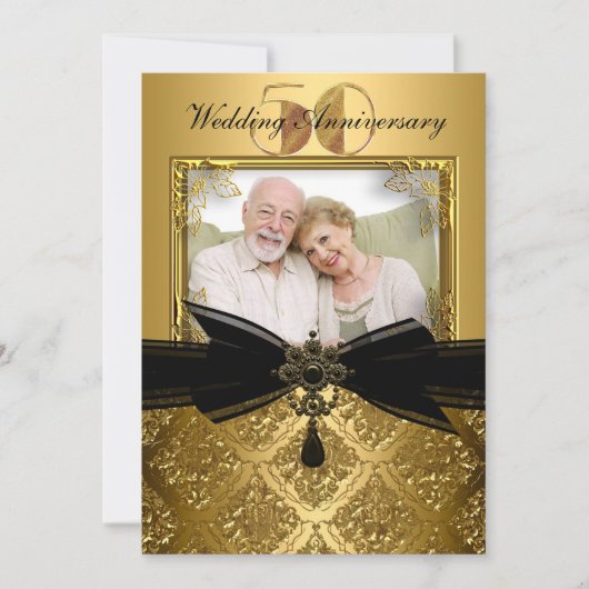 Gold Black Damask Photo 50e Jubileum Invite Kaart (Voorkant)