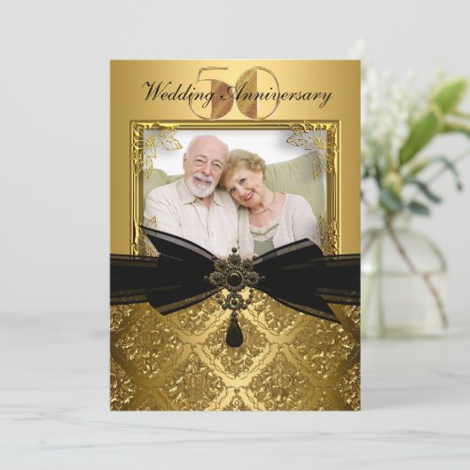 Gold Black Damask Photo 50e Jubileum Invite Kaart (Staand voorkant)