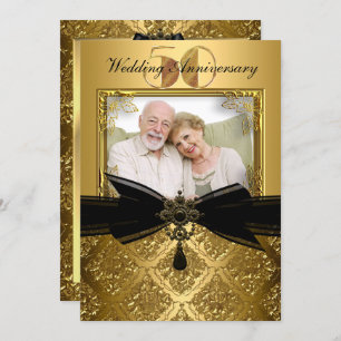 Gold Black Damask Photo 50e Jubileum Invite Kaart