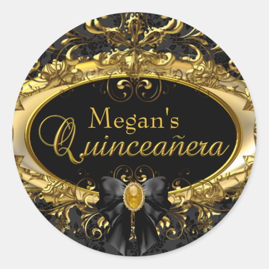 Gold & Black Damask Quinceanera Sticker (Voorkant)