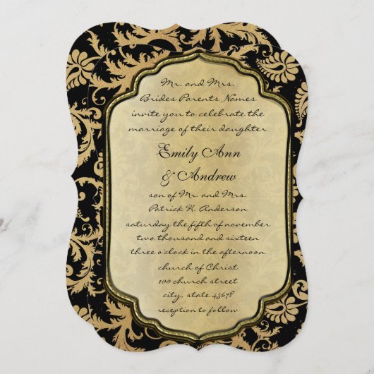 Gold & Black Damask Swirls Wedding Invitation Kaart (Voorkant / Achterkant)