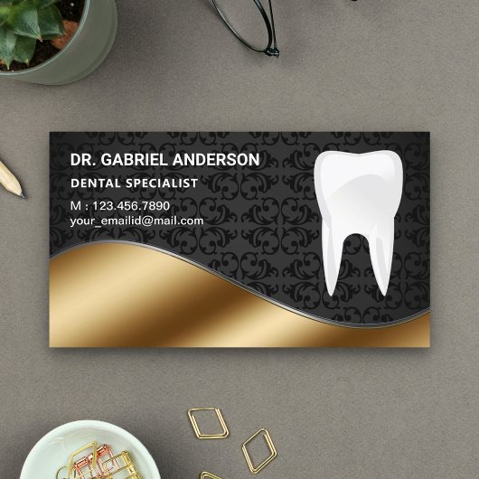 Gold Black Damask Tooth Dental Clinic Dentist Visitekaartje