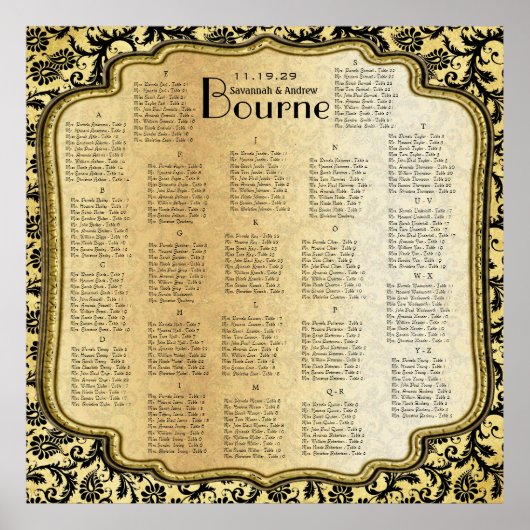 Gold & Black Damask Wedding Seating Chart Poster (Voorkant)
