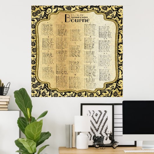 Gold & Black Damask Wedding Seating Chart Poster (Thuiskantoor)