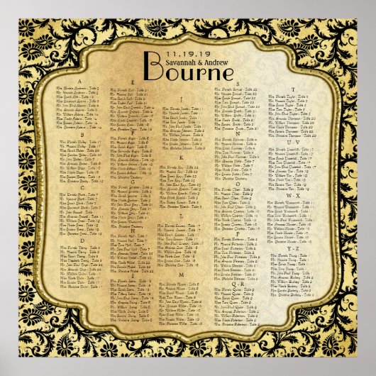 Gold & Black Damask Wedding Seating Chart Poster (Voorkant)