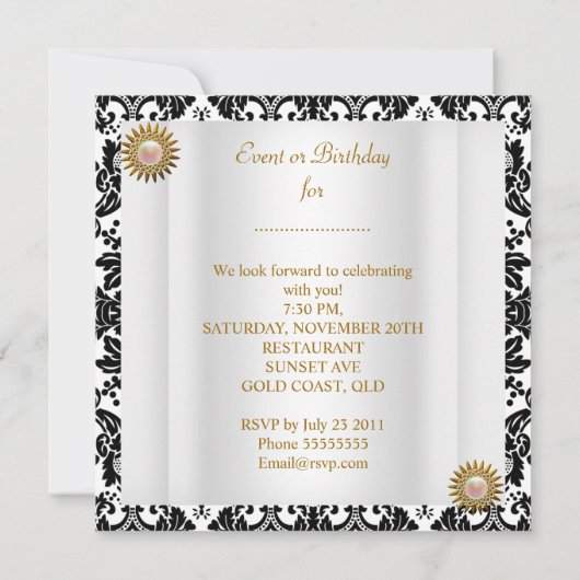 Gold Black Damask White Elegant Birthday Party Kaart (Achterkant)