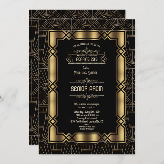 Gold Black Deco Gatsby 1920s Style Senior PROM Kaart (Voorkant / Achterkant)
