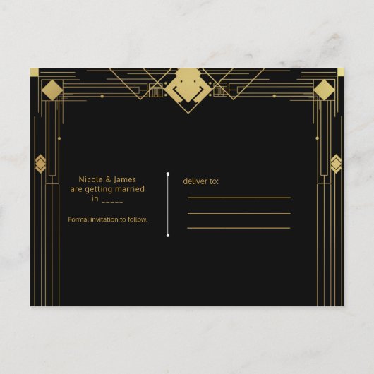 Gold Black Deco Gatsby Roaring 20's Save the Date Aankondigingskaart (Achterkant)