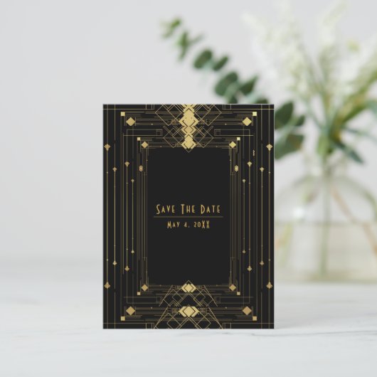 Gold Black Deco Gatsby Roaring 20's Save the Date Aankondigingskaart (Staand voorkant)