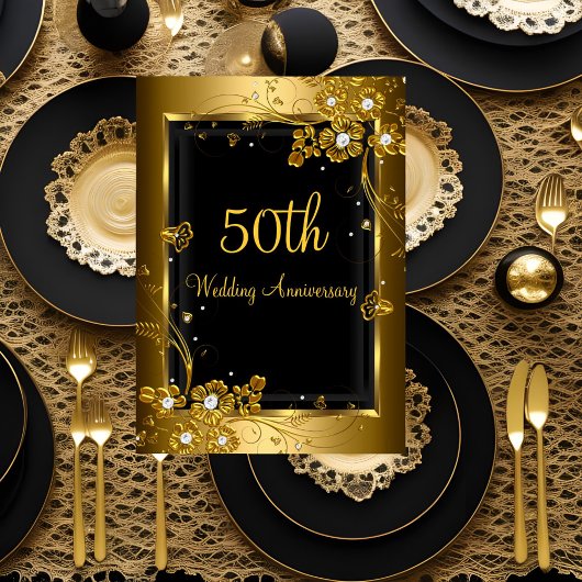 Gold Black Diamond Floral 50th Jubileum Party Kaart