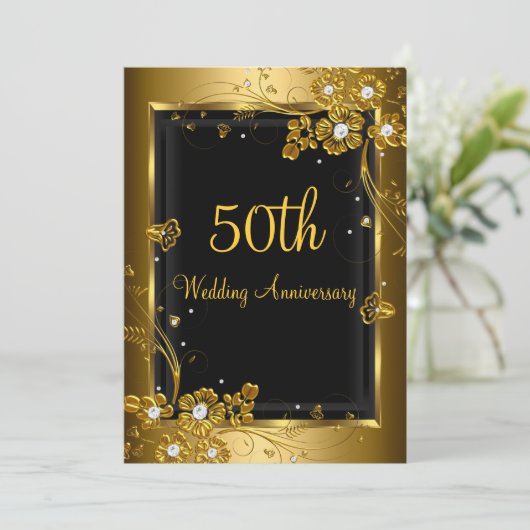Gold Black Diamond Floral 50th Jubileum Party Kaart (Staand voorkant)