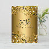 Gold Black Diamond Floral Swirl 50th Jubileum Kaart (Staand voorkant)