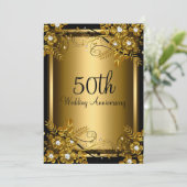 Gold Black Diamond Floral Swirl 50th Jubileum Kaart (Staand voorkant)