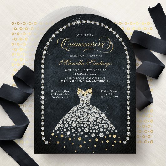 Gold Black Diamonds Elegant Quinceanera Invitation Kaart