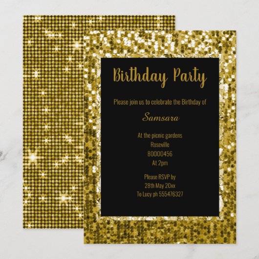 GOLD BLACK DISCO THEME SUPER SPARKLE BIRTHDAY BLK KAART (Voorkant / Achterkant)