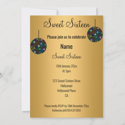 GOLD BLACK DISCOBALL SWEET SIXTEEN ARTIJ KAART (Achterkant)