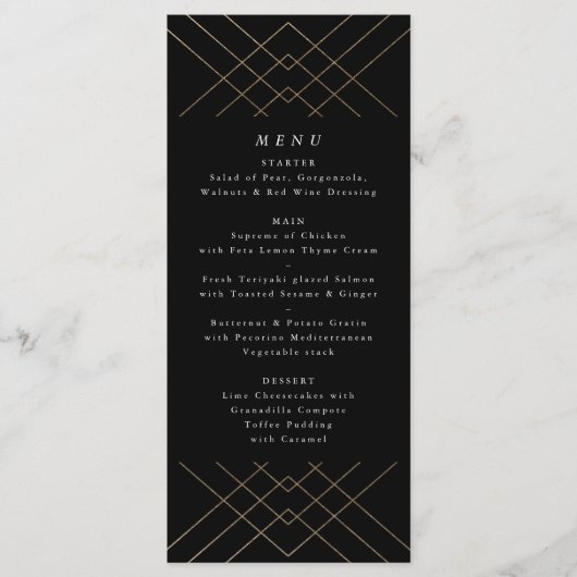 Gold Black Elegance Diamond Geo Deco Wedding Menu (Voorkant)