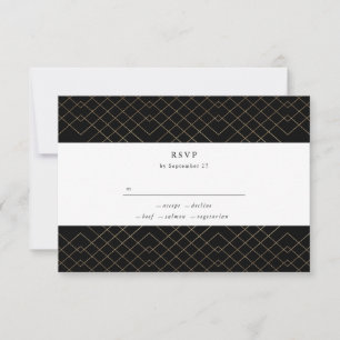 Gold Black Elegance Diamond Geo Deco Wedding RSVP Kaartje
