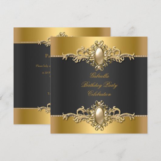 Gold Black Elegant Birthday Party Pearl Kaart (Voorkant / Achterkant)