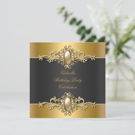 Gold Black Elegant Birthday Party Pearl Kaart (Staand voorkant)